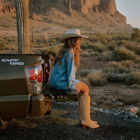 Women Taupe Polyurethane Embroidered Chunky Stacked Heel Knee High Western Boots - Picture 5 of 5